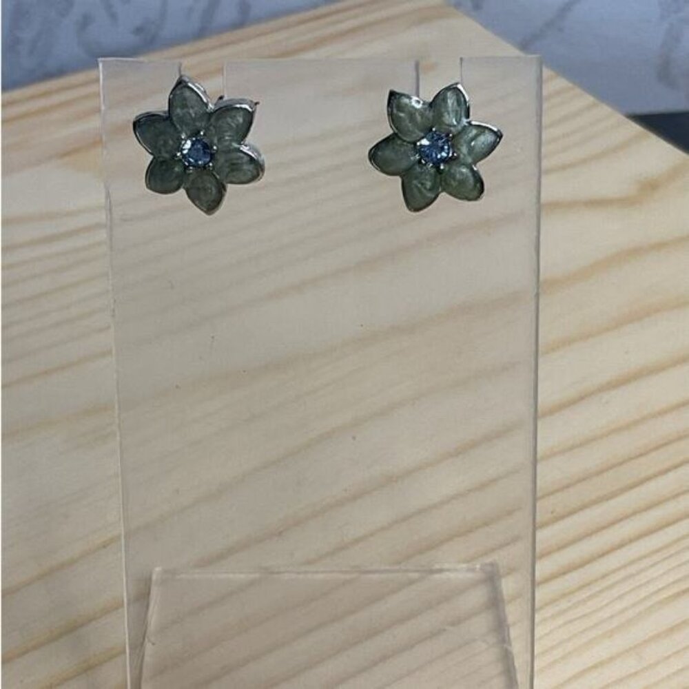 Silver Flower Stud Earrings With Blue Crystal Center